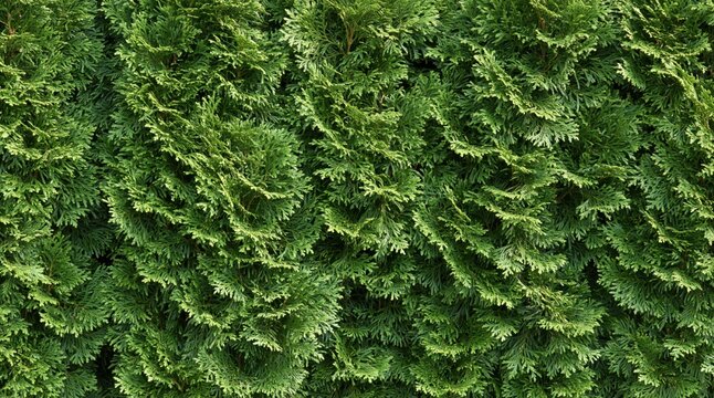 Lush green thuja occidentalis foliage hedge background