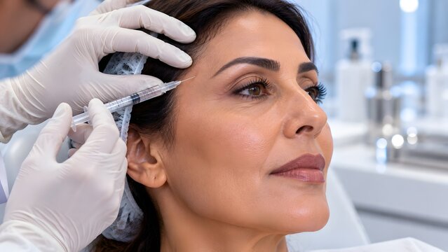 Dermatologist injecting dermal filler into temple of mature Arabic woman