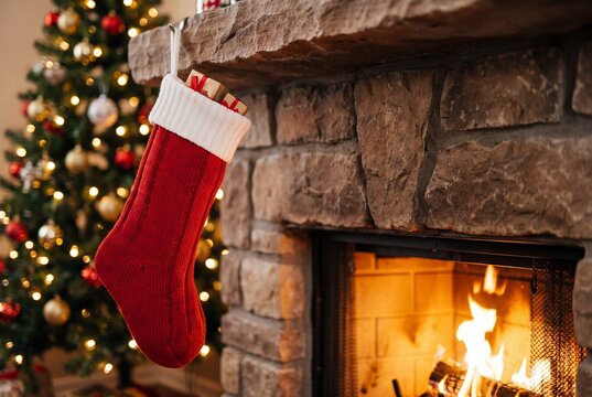 A festive red Christmas stocking hangs by a roaring fireplace, adorned with holiday lights and ornaments, embodying the cozy spirit of the winter season.