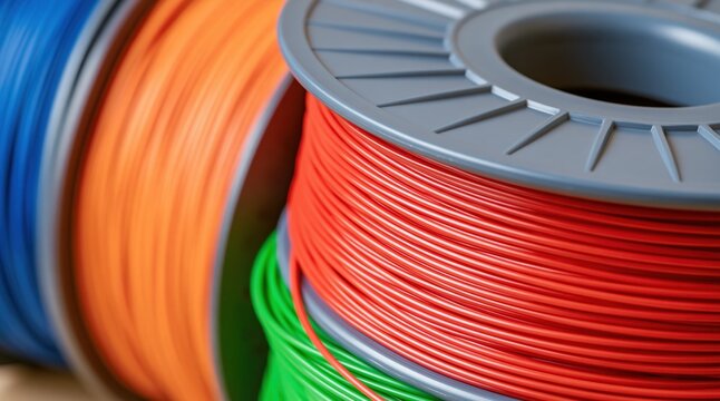 Colorful 3d printer filament spools on plastic reels close up