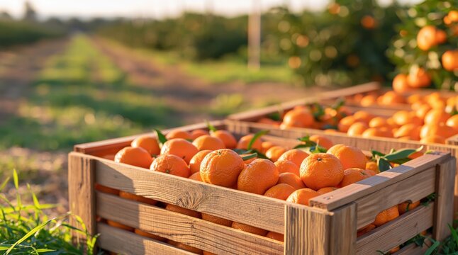 Mandarins in wooden crates in sunlit orchard during harvest season