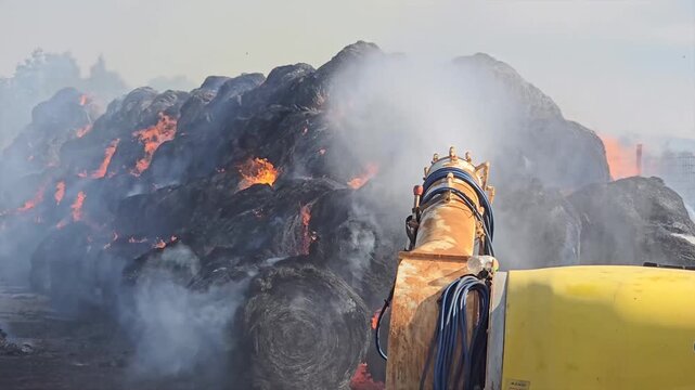 Fire in a village. Hay bales.