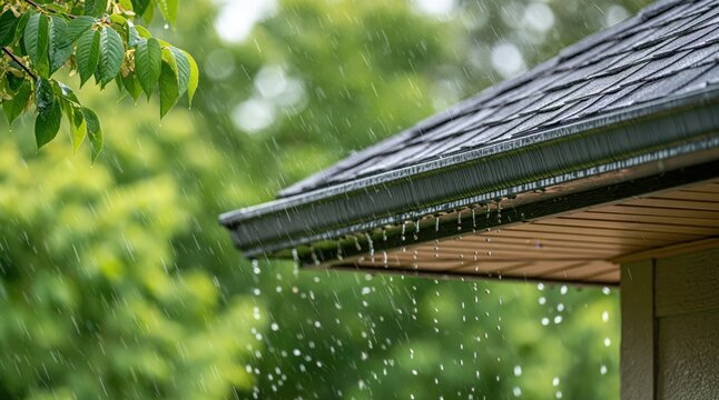 Raindrops falling from house roof gutter during heavy rain on green nature background