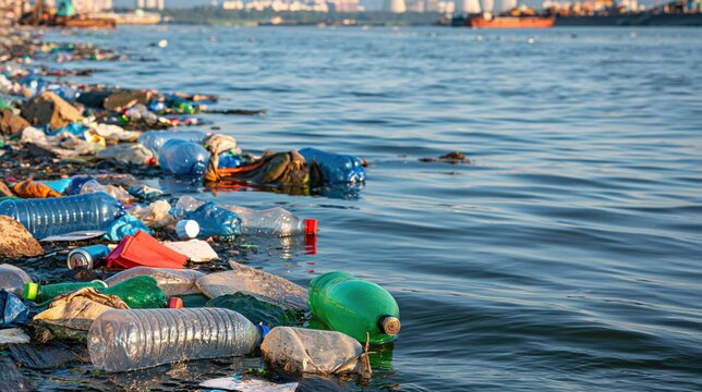 Plastic bottles and garbage floating in river water on shoreline