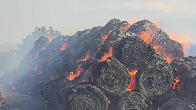 Fire in a village. Hay bales.