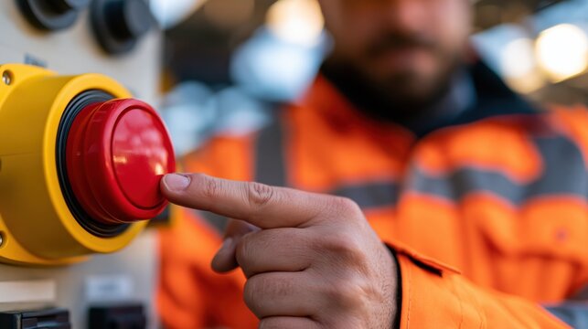 Worker pushing red emergency stop button on industrial control panel