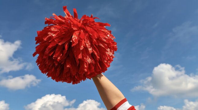 Hand holding red cheerleader pompom against blue sky