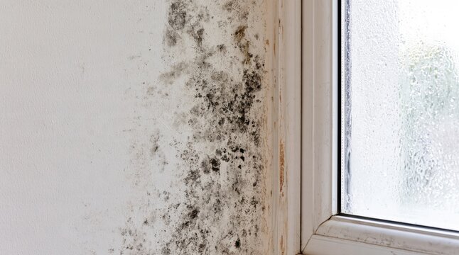 Black mold growth on white wall near window with condensation
