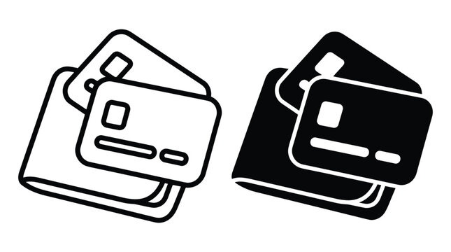 Black linear and filled wallet with credit cards icon set representing electronic payment methods and personal finance management.