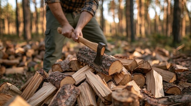 Man chopping firewood with axe in pine forest