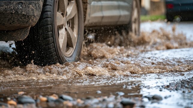 Car wheel driving through deep muddy puddle on road