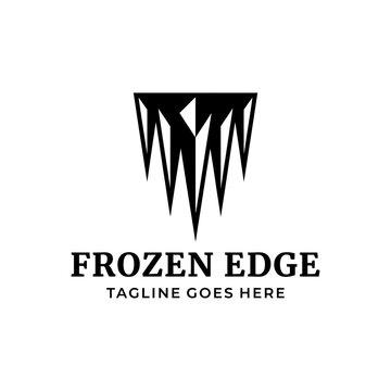 Frozen edge hanging sharp glacial icicle formation with jagged frost spikes for representing cold winter climate preservation logo design