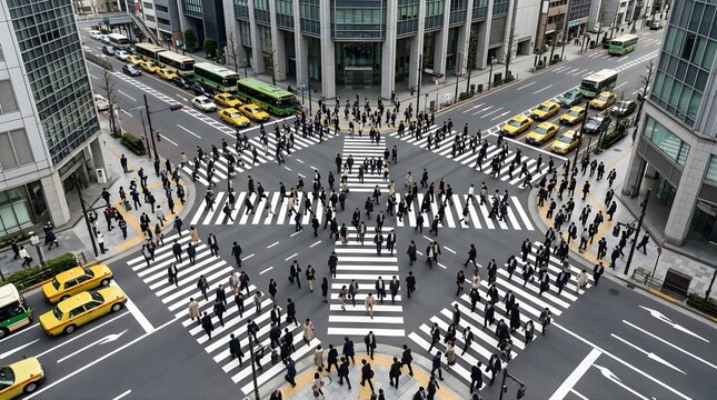 Aerial view of people crossing busy intersection in Tokyo city center