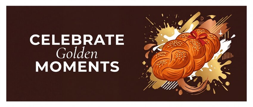 Braided challah bread jewish celebration banner with golden paint splatters, sesame seeds, and red ribbon on dark brown background, festive holiday greeting card template for shabbat or bakeries.