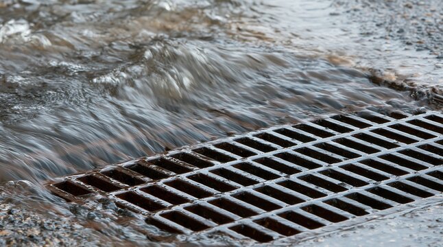 Water rushing into metal storm drain grate on street during rain
