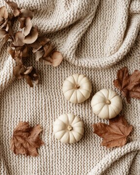 Soft knitted blanket draped over autumn leaves