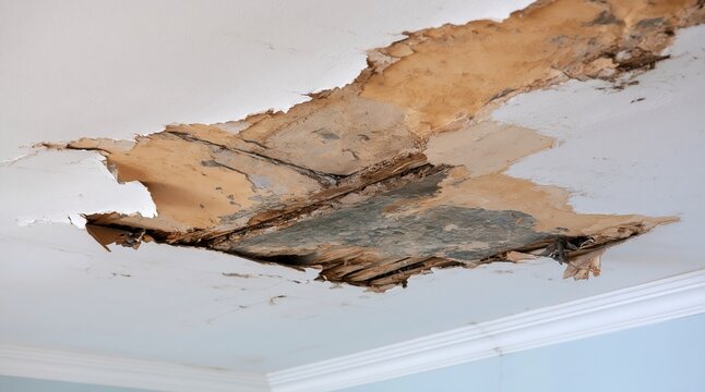 Severe water damage on ceiling with peeling paint