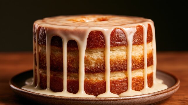 Close-up of layered vanilla cake with creamy white icing dripping down sides on brown plate with dark background