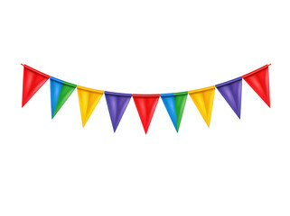 Fototapeta premium Colorful triangular bunting flags hanging in a row isolated on a white background