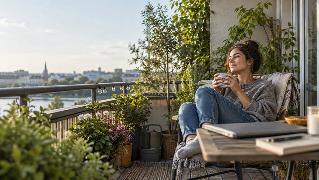 AI generated remote worker enjoying restorative coffee break lush urban balcony plants laptop calm city view for wellbeing work life balance mindful living