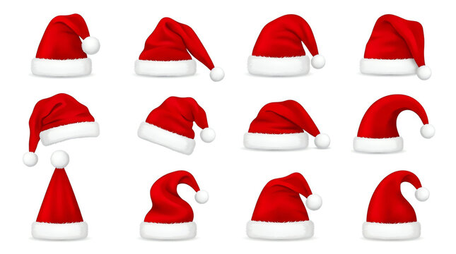 Collection of various red santa claus hats in different positions and angles isolated on a plain white background