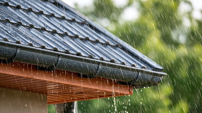 Rain falling on dark gray tiled roof and gutter system