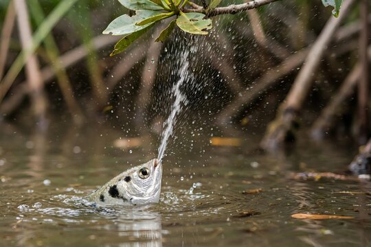Banded archerfish Toxotes jaculatrix shooting a jet of water to catch an insect on a leaf above the water surface in a mangrove habitat
