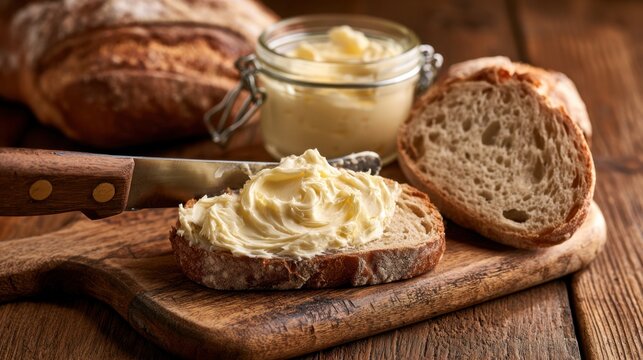Freshly sliced rustic bread with creamy butter spread on wooden cutting board and glass jar in warm kitchen setting