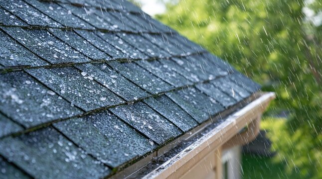 Rain and hail falling on asphalt shingle roof with gutter