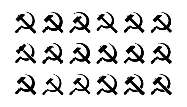 Set of hammer and sickle icons, symbols of communism and socialism, vector illustration