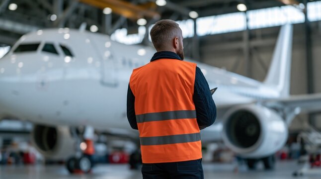 Ground crew member in orange safety vest inspecting commercial airplane in maintenance hangar