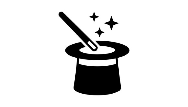 Magic hat with wand and stars, representing magic, illusion, creativity, wizardry, or special effects, flat vector graphic