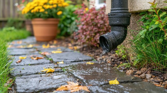 Black downspout draining rainwater onto stone garden path with autumn leaves