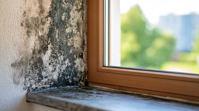 Black mold on wall next to window frame and windowsill