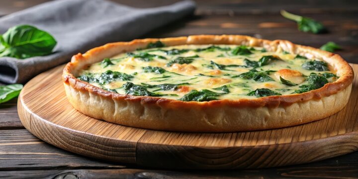 Fresh baked homemade spinach and feta quiche on round wooden board with golden crust and melted cheese, dessert, quiche