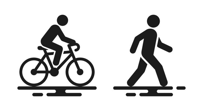 Cycling and walking activity icon set. Minimalist black silhouettes of a person riding a bicycle and walking, representing exercise, fitness, transportation, outdoor activities, and healthy lifestyle.