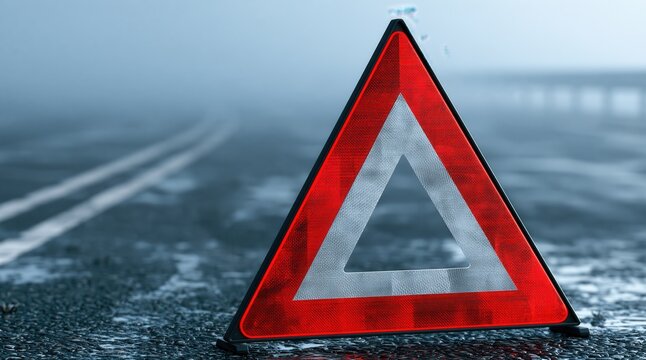 Reflective emergency warning triangle on asphalt road in fog