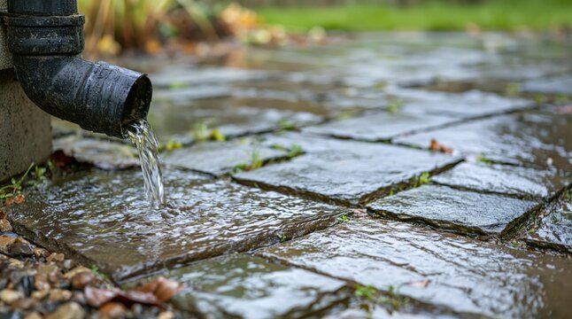 Water flowing from black plastic downspout onto wet stone patio