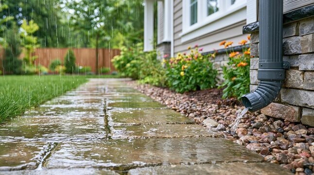 Rain gutter downspout draining water onto rock bed next to stone walkway