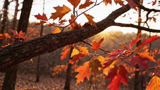 Fiery red and amber leaves sway around a rugged diagonal branch at sunset, glowing against a softly layered autumn forest as gentle wind and warm backlight create rich seasonal depth and atmosphere.