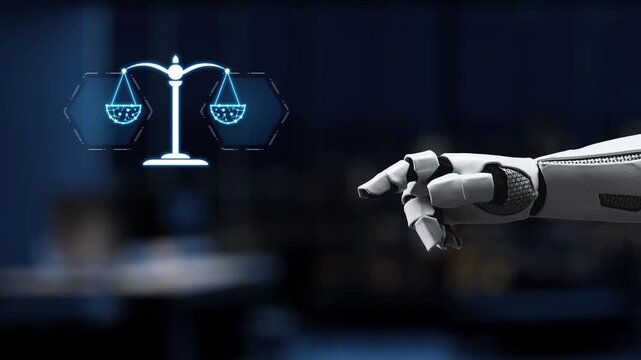 A robotic hand interacts with digital symbols of justice, representing the intersection of AI and ethics in law. This image highlights technological advancements in legal considerations. Synapse