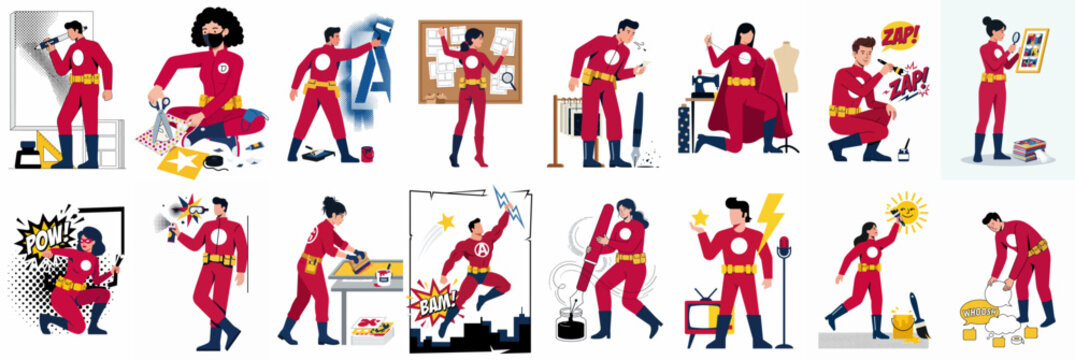 Set of superhero characters engaged in various creative and everyday activities like painting, sewing, ironing, and photography in a flat vector illustration style.
