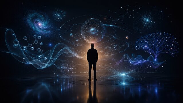 Human Exploring Quantum Physics, Biology, Data and Cosmic Science in Futuristic Visualization