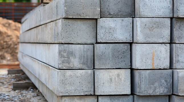 Stack of grey rectangular concrete beams at construction site