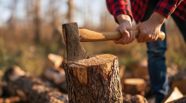 Hands holding axe embedded in tree stump outdoors