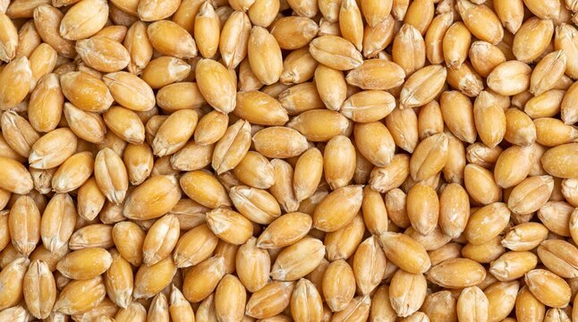 Top view of heap of golden wheat kernels filling frame