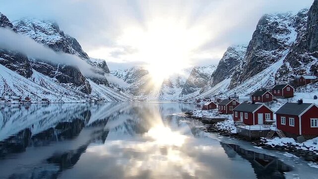 Red cabins in snowy lofoten mountains