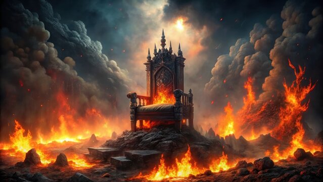 A dark throne sits atop a hill of smoldering embers, surrounded by a halo of hellish flames that dance and flicker with an otherworldly intensity, demonology, fantasy