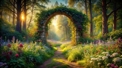 Fototapeta premium Mysterious archway surrounded by vibrant wildflowers and towering trees, bathed in warm sunlight that filters through the foliage, whimsical gateway, serene scenery
