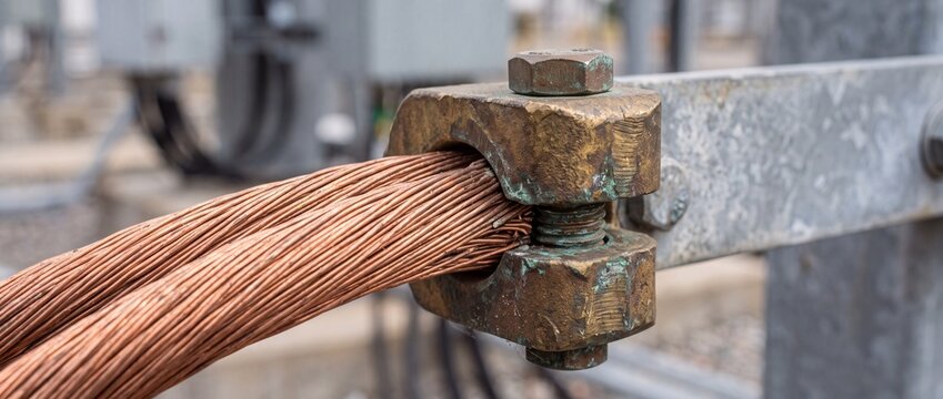 Close up of thick copper grounding cables secured by a metal clamp at an outdoor electrical power substation